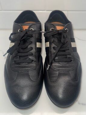 Bally Harlem Black Calf Leather Sneakers with Cream Stripe Detail Size 10
